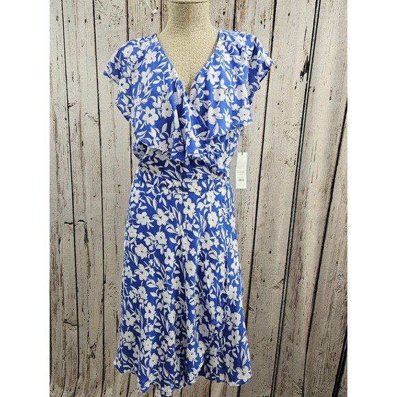 BF Women's Large Draper James RSVP Blue Futter Sleeve Tie Waist Wrap Dress NWT - Picture 1 of 11